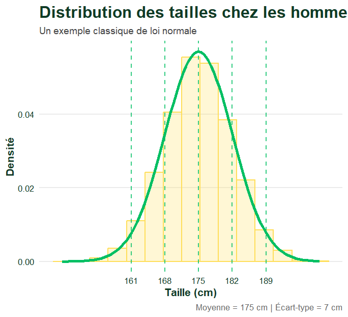 Histogramme de distribution des tailles des adultes français selon une loi normale avec une moyenne de 1m75