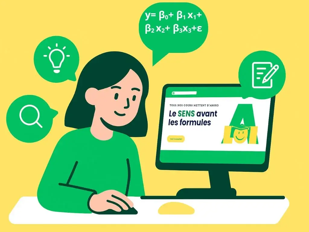 Illustration d'une étudiante suivant un cours privé de statistiques en ligne sur le site A moi les stats