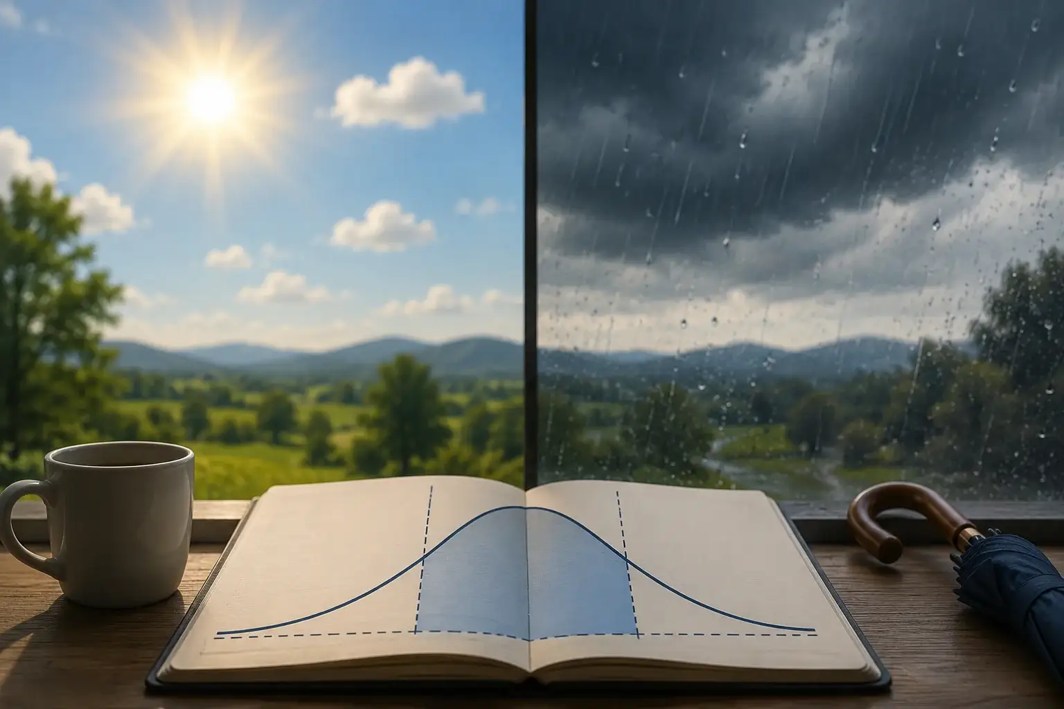 Illustration d'un intervalle de confiance en statistiques, représentée par un contraste entre ciel ensoleillé et orageux, avec une courbe en cloche dessinée sur un carnet